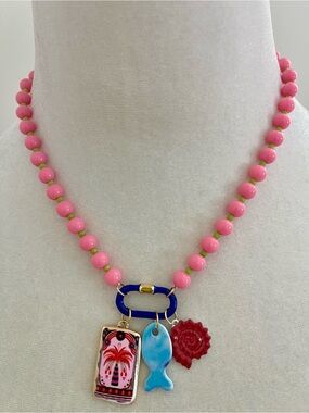 Pink Beaded Charm Necklace with Blue Fish & Beach Charms